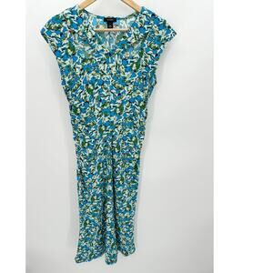 Halogen Dress Women SMALL Blue Green Floral Print Cap Sleeve Ruched‎ Waist
